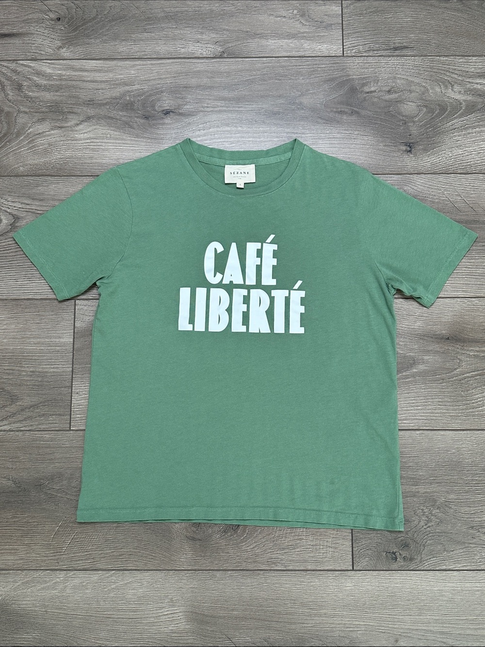 Sezane Cafe Liberte Graphic Tee Shirt Green White Size Small
